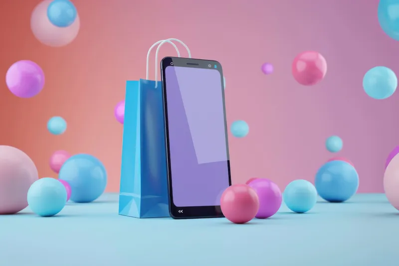 Современный смартфон и сумка для покупок на ярком красочном фоне в 3D-концепции для онлайн-шопинга и электронной коммерции