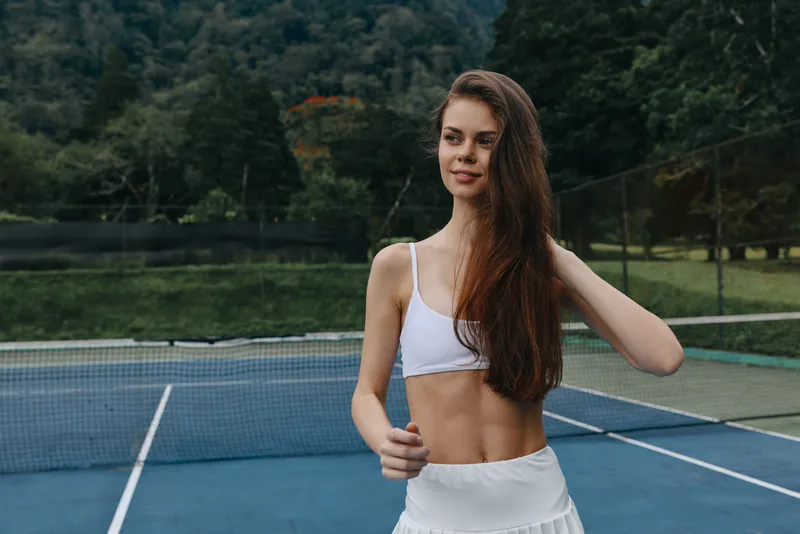Young woman in athletic attire playing tennis outdoors with a natural background, exuding confidence and joy, ideal for sports and healthy lifestyle concepts