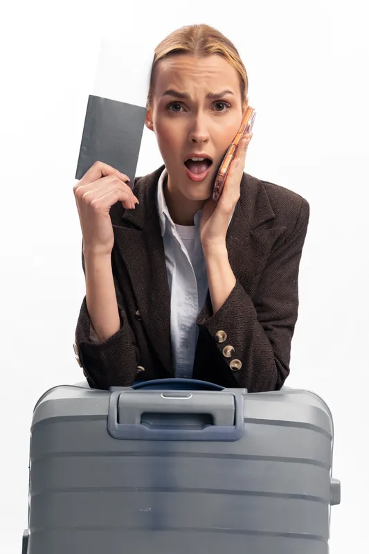 Young woman in brown jacket holds passport and touches face with painful expression, standing behind suitcase on white background. Concept for travel stress, discomfort, and unexpected problems.