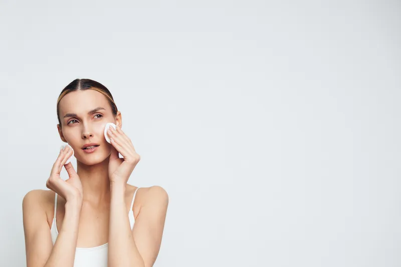 Caring woman performs facial cleansing with cotton pads, showcasing a simple skincare routine on a white background, focused on clean skin, gentle motion and fresh hydration.