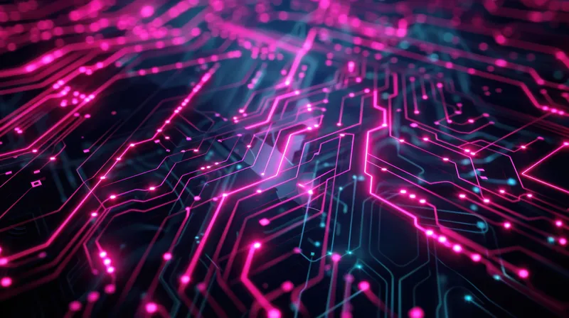 Детальный крупный план футуристического дизайна печатной платы с яркими розовыми и синими электрическими линиями на темном фоне