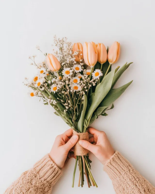 Красиво составленный весенний букет из персиковых тюльпанов и белых ромашек, который держат нежные руки
