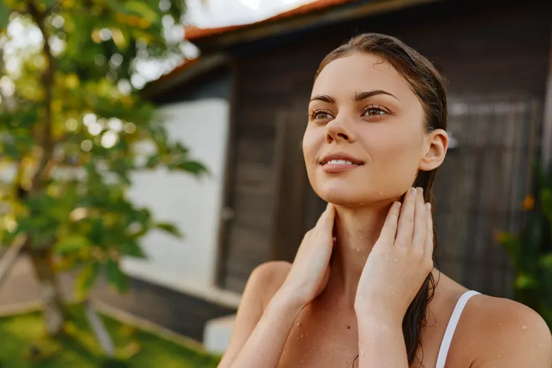 Young woman with wet hair touches neck and looks away thoughtfully outdoors near wooden house in warm natural light, showing relaxed lifestyle and fresh appearance.