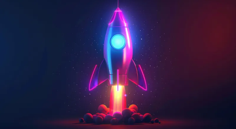 Футуристическая ракета устремляется в космос, окруженная светящимися следами и игривыми искрами неоновых цветов