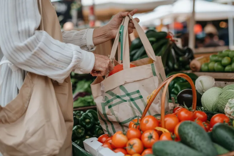 Женщина покупает свежие фрукты и овощи на фермерском рынке, держа продуктовый пакет