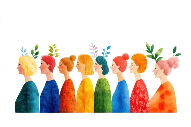 Яркая и красочная иллюстрация, изображающая разнообразных женщин с различными прическами и нарядами