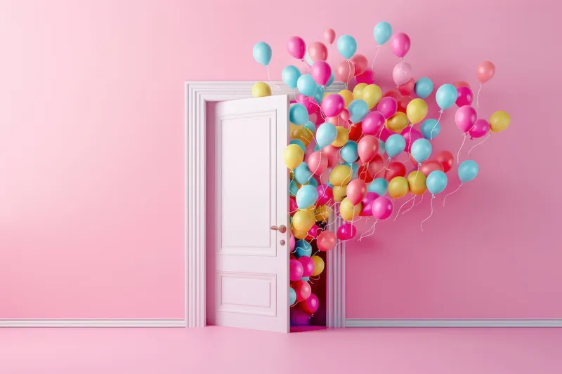 Разноцветные воздушные шары вылетают из открытой двери в розовую комнату
