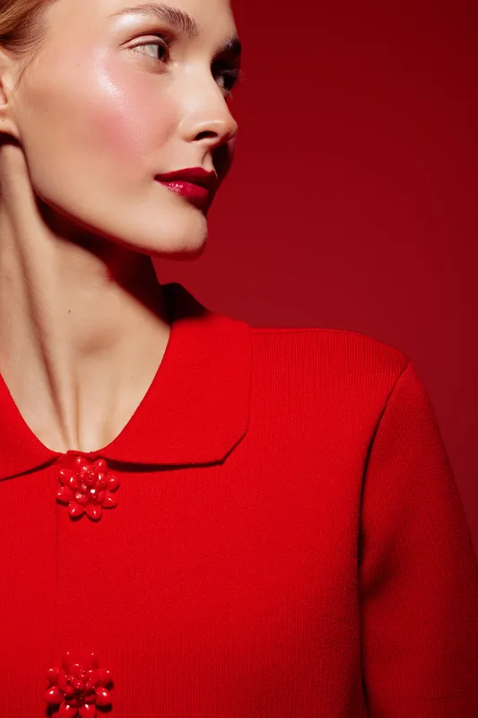 Close-up of elegant woman in red sweater with decorative buttons looking sideways on red background. Concept of fashion, beauty, style, and confident female portrait.