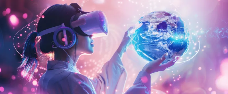 Женщина в VR-шлеме взаимодействует со светящимся глобусом в окружении красочных цифровых эффектов, символизируя инновации и технологии