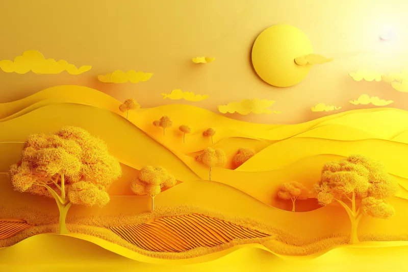 Жёлтый пейзаж с деревьями, холмами и солнцем в небе — яркая 3D-сцена из бумажного искусства, вдохновлённая природой