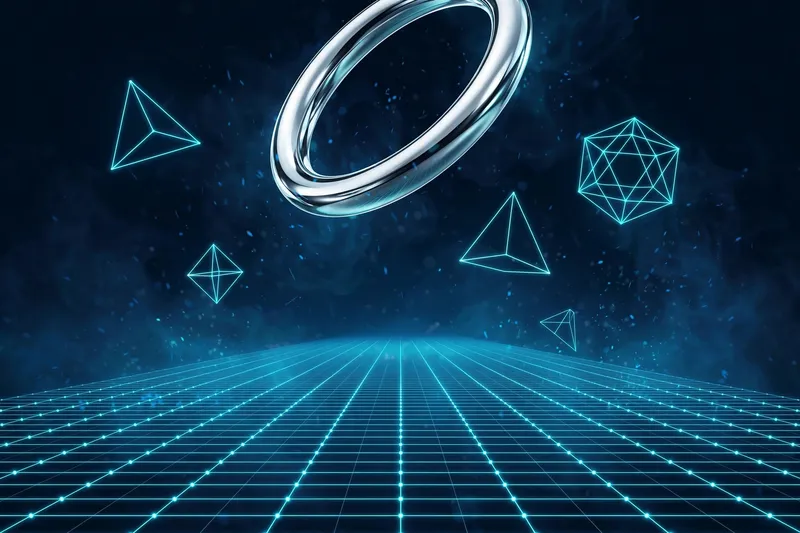 3D-рендер с парящим металлическим кольцом и светящимися геометрическими фигурами