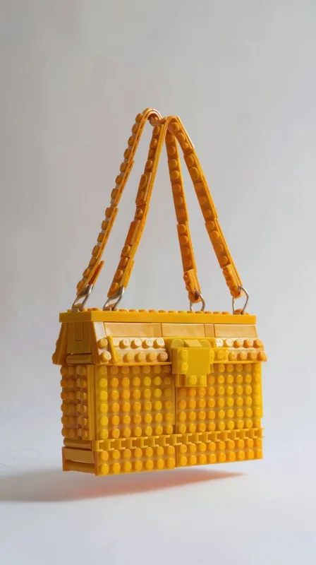 Уникальная сумочка из желтых кубиков LEGO, подвешенная на мягком светлом фоне, подчеркивающая ее игривый и художественный дизайн