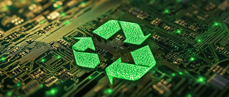 Зеленый символ переработки на печатной плате олицетворяет экологичные технологии и устойчивые методы управления электронными отходами, подчеркивая экологическую осознанность