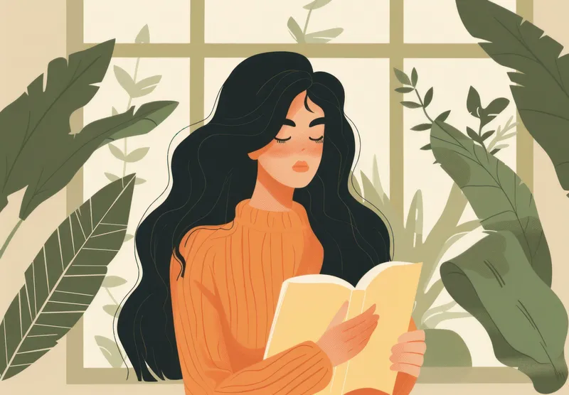 Спокойная сцена с женщиной с длинными волосами, увлеченной книгой, на фоне комнатной зелени