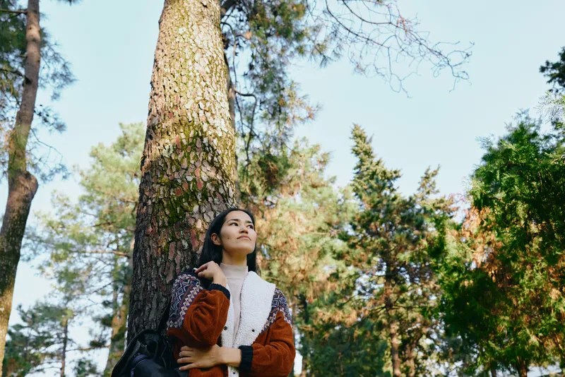 Forest, tree, nature, outdoors, serene, woman resting against a trunk in dappled sunlight, fashionable coat, calm mood, explorative moment amid tall pines and fresh air, peaceful setting for auora