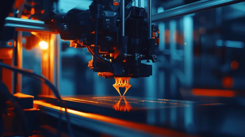 Передовая технология 3D-печати в действии, создающая точный объект с ярким синим и оранжевым освещением, что подчеркивает инновации и современный дизайн