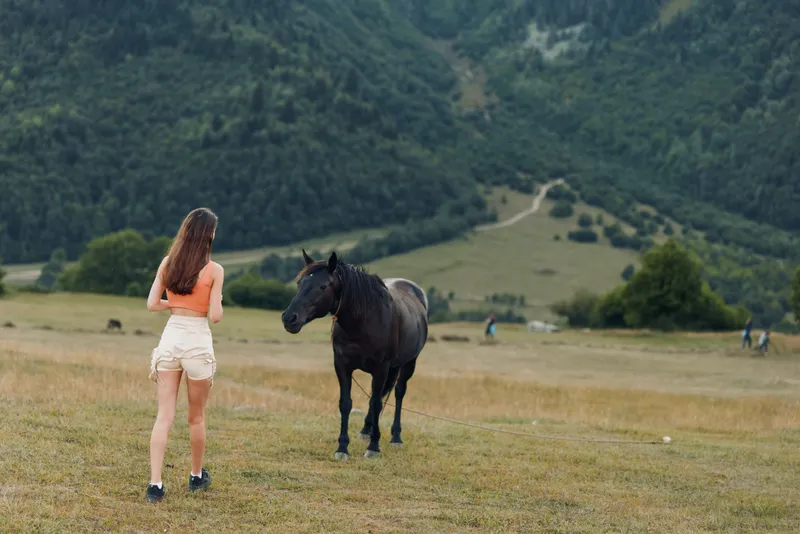A young woman stands in an expansive meadow facing a black horse, with rolling hills, scattered trees, and a tranquil blue sky creating a peaceful, pastoral outdoor moment.
