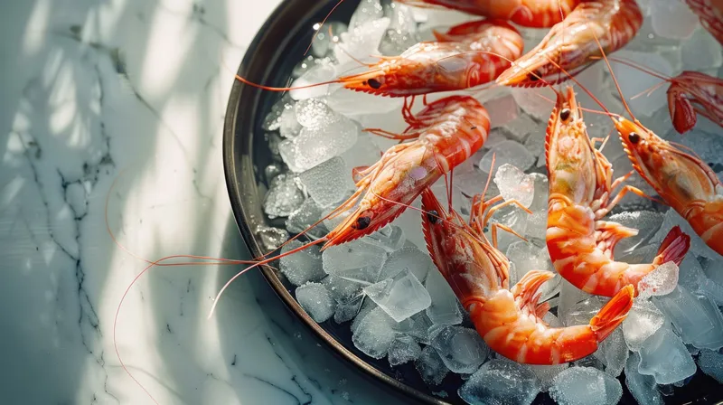 Вкусные сырые креветки, выложенные на колотом льду, создающие визуально привлекательную презентацию морепродуктов на мраморной поверхности