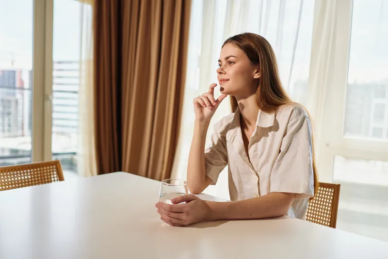 woman thinking portrait at home, sitting at a white table holding a glass of water, sunlight through window and curtains, casual blouse and calm reflective mood in a cozy interior