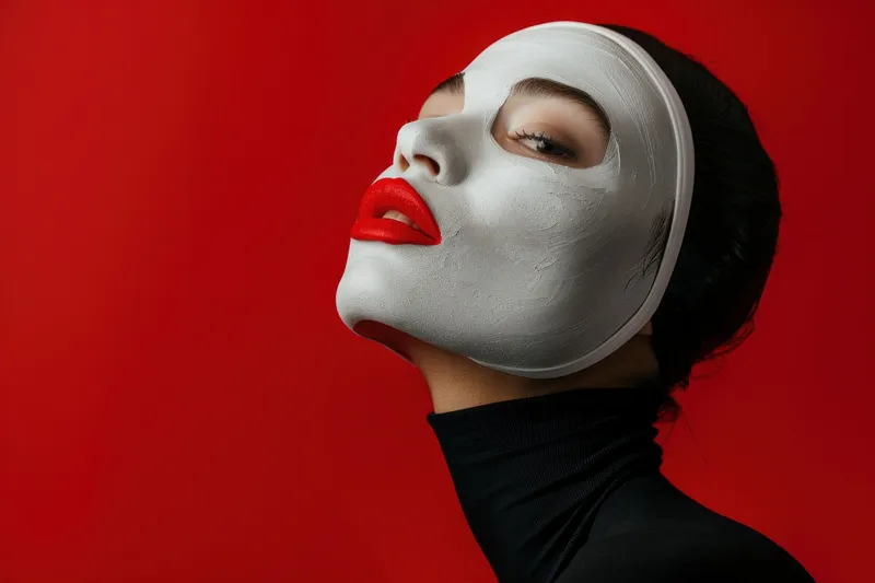 Таинственная женщина в белой маске с ярко-красными губами на насыщенном красном фоне