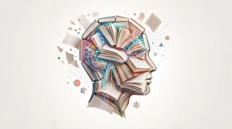 Абстрактный профиль, составленный из книг и нейронных линий, символизирующий чтение, обучение и интеллект в яркой многоцветной композиции