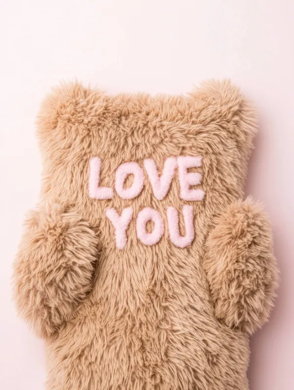 Очаровательный пушистый плюшевый мишка с текстом LOVE YOU создаёт тёплую и уютную атмосферу, идеально подходит для подарков, домашнего декора или романтических жестов