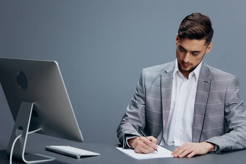 Менеджер с документами на столе, работа за компьютером, эмоции