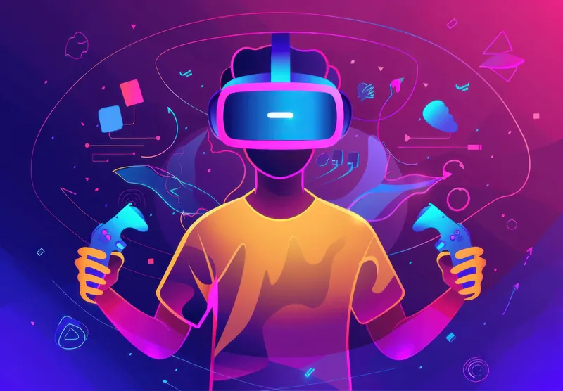Это изображение показывает человека в VR-шлеме, погружённого в захватывающий игровой опыт, с красочным фоном, состоящим из абстрактных форм и элементов