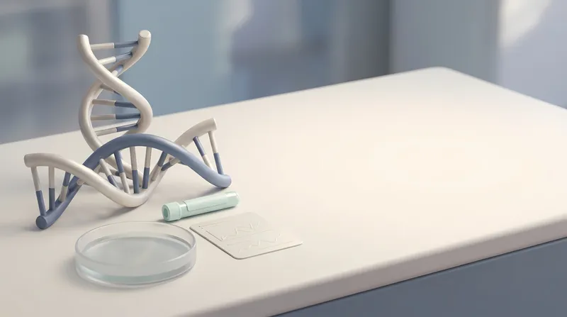 Минималистичная 3D-сцена генетической лаборатории с моделью ДНК, инструментами для образцов и щедрым пространством для копирайтинга научного и биотехнологического контента