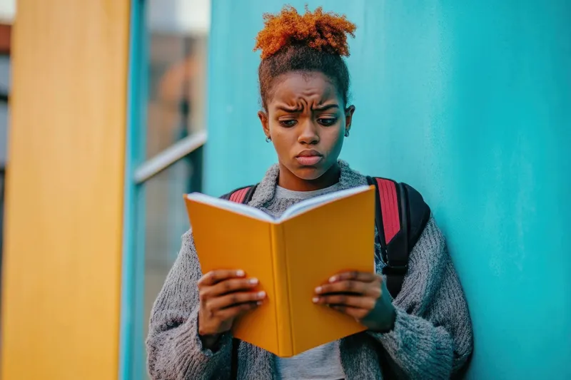 Задумчивая молодая женщина со стильной прической читает желтую книгу, прислонившись к яркой бирюзовой стене