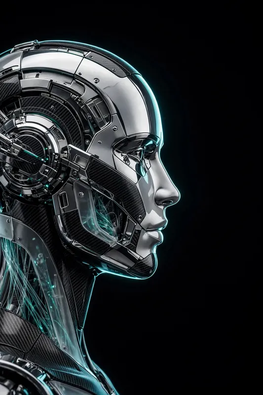3D-рендер профиля робота с металлическим лицом на чёрном фоне