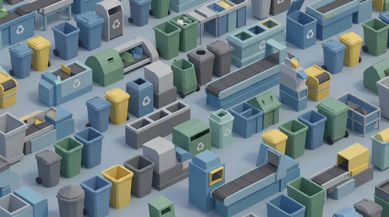 Стилизованные низкополигональные 3D-контейнеры для переработки синего, зеленого и янтарного цветов, расположенные в бесшовной повторяющейся сетке с гранеными формами, направленным освещением и…