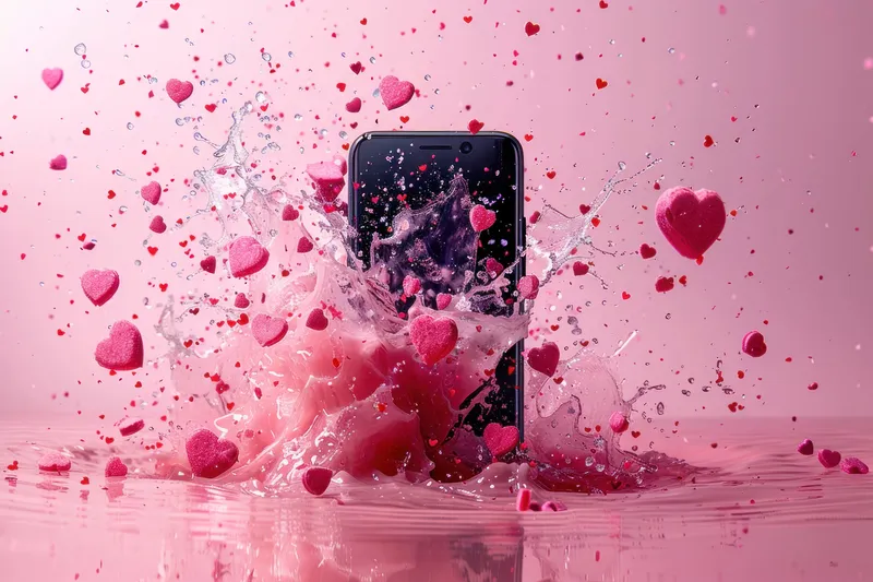 Розовые сердечки разлетаются брызгами на iPhone с водяными брызгами на розовом фоне для обоев и фонов