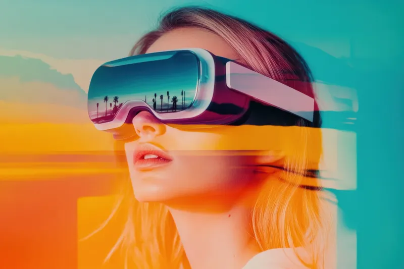 Молодая женщина в VR-шлеме увлечена ярким виртуальным ландшафтом, демонстрирующим сочетание теплых и холодных цветов, отражающих любопытство и инновации