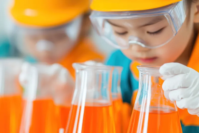 Сосредоточенный юный азиатский мальчик в перчатках и защитных очках исследует красочный научный эксперимент с оранжевыми жидкостями в колбах, демонстрируя любопытство и увлеченность учебой