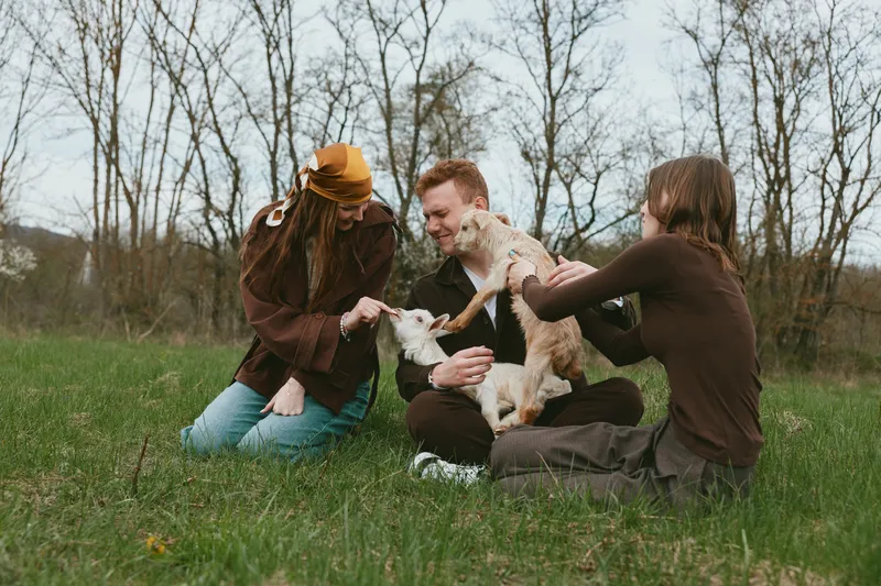A goat, kid, lifestyle outdoors, friends, family, interaction, animal share a playful moment in a grassy field as adults pets and laughs, conveying warmth, care, and connection in a rural scene.