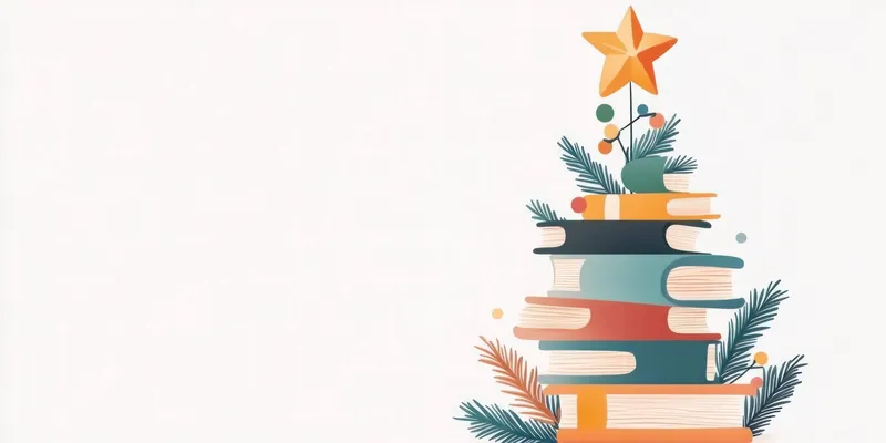 Эта яркая иллюстрация изображает причудливую стопку книг, увенчанную звездой и праздничными украшениями, что идеально подходит для праздничных акций и образовательных тем