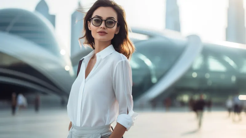 Стильная молодая женщина в солнцезащитных очках и белой рубашке, стоящая на фоне городских небоскребов в солнечный день