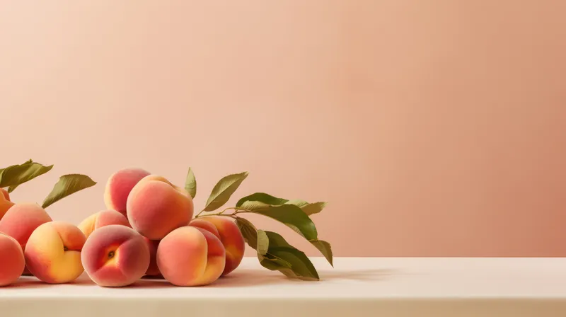 Свежий и сочный летний персик: сладкий и вкусный спелый фрукт на деревянном столе с яркими листьями на заднем плане