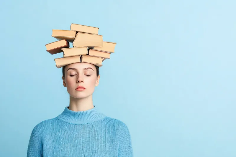Это безмятежное изображение молодой женщины в синем свитере с книгами на голове, вызывающее концепции мудрости, творчества и сосредоточенности в визуально привлекательной пастельно-голубой обстановке
