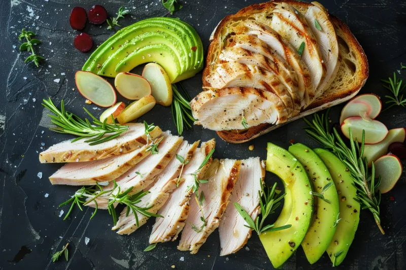 Вкусные ломтики курицы-гриль в сопровождении ломтиков авокадо и яблока на деревянном фоне с эффектом состаривания, демонстрирующие яркие цвета и полезные ингредиенты