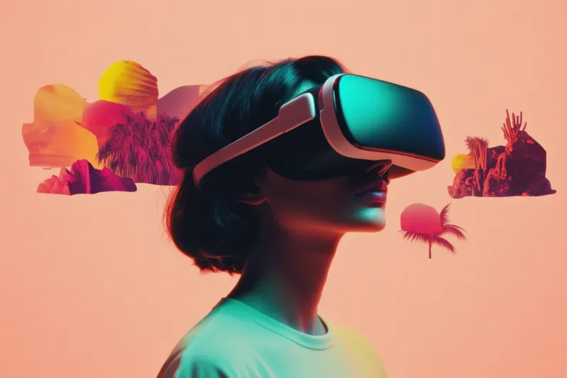 Молодая женщина, погруженная в виртуальную реальность, в VR-очках на фоне яркого абстрактного фона, подчеркивающая технологии, инновации и эмоциональную вовлеченность в современные развлечения