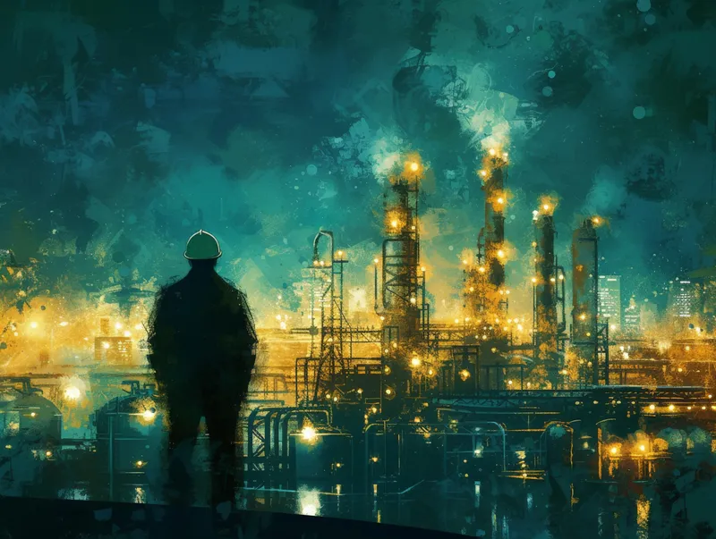 Ночная сцена: мужчина стоит перед нефтеперерабатывающим заводом, на фоне огни города и светящиеся промышленные сооружения