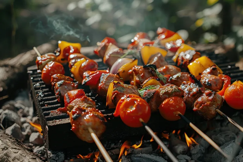 Вкусные кебабы с разноцветными овощами и сочным мясом, жарящиеся на открытом огне в окружении пышного леса, передающие суть приготовления пищи на природе и застолий