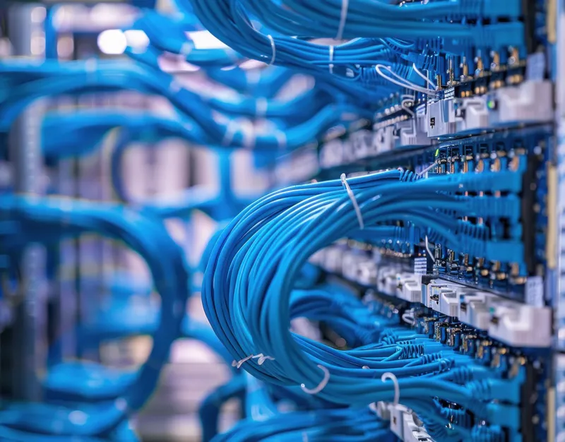 Детальный вид серверной стойки с множеством синих Ethernet-кабелей, подчеркивающий связность и технологии в современной сетевой среде