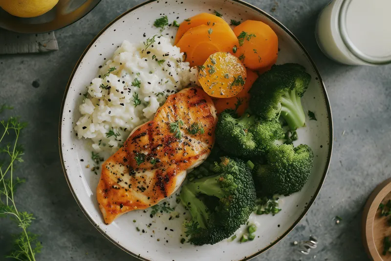 Вкусный ужин: полезное филе лосося на гриле с овощами на белой тарелке