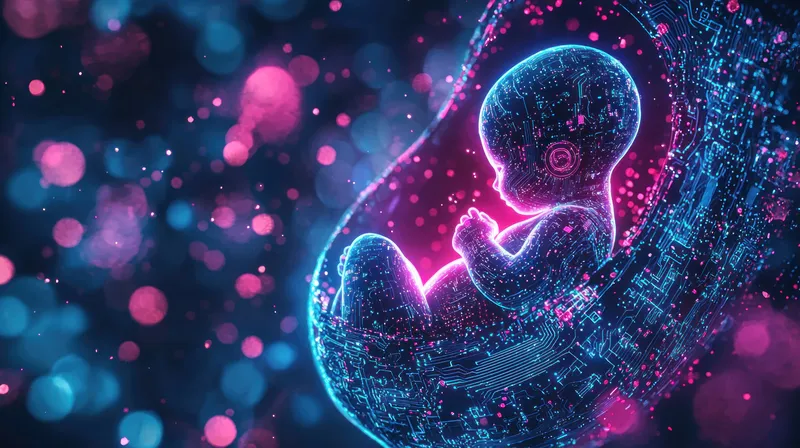 Цифровое изображение новорожденного в ярком светящемся коконе, демонстрирующее темы инноваций, жизни и слияния технологий с человечностью