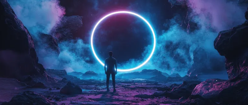 Это захватывающее изображение показывает одинокую фигуру, silhouetted на фоне светящегося неонового круга, окруженную эфирным фиолетово-голубым туманом