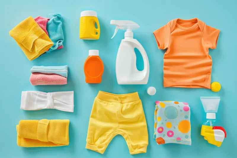 Яркая композиция в стиле flat lay из предметов первой необходимости для стирки, включая одежду, моющее средство и кондиционеры, на успокаивающем голубом фоне