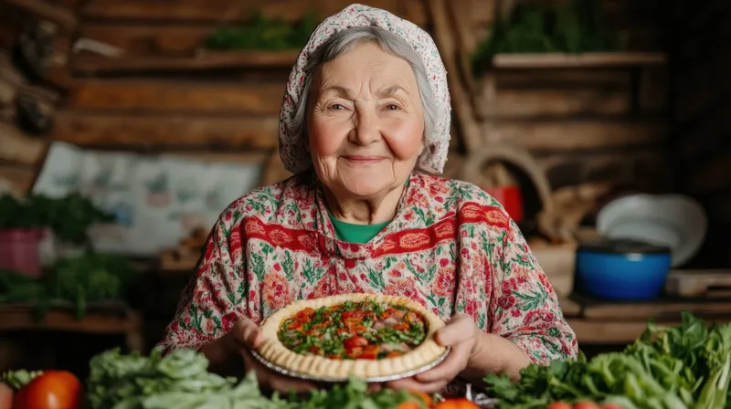 Улыбающаяся пожилая женщина преподносит яркий овощной пирог в деревенской кухне, подчеркивая здоровое питание, свежие ингредиенты и культурные традиции